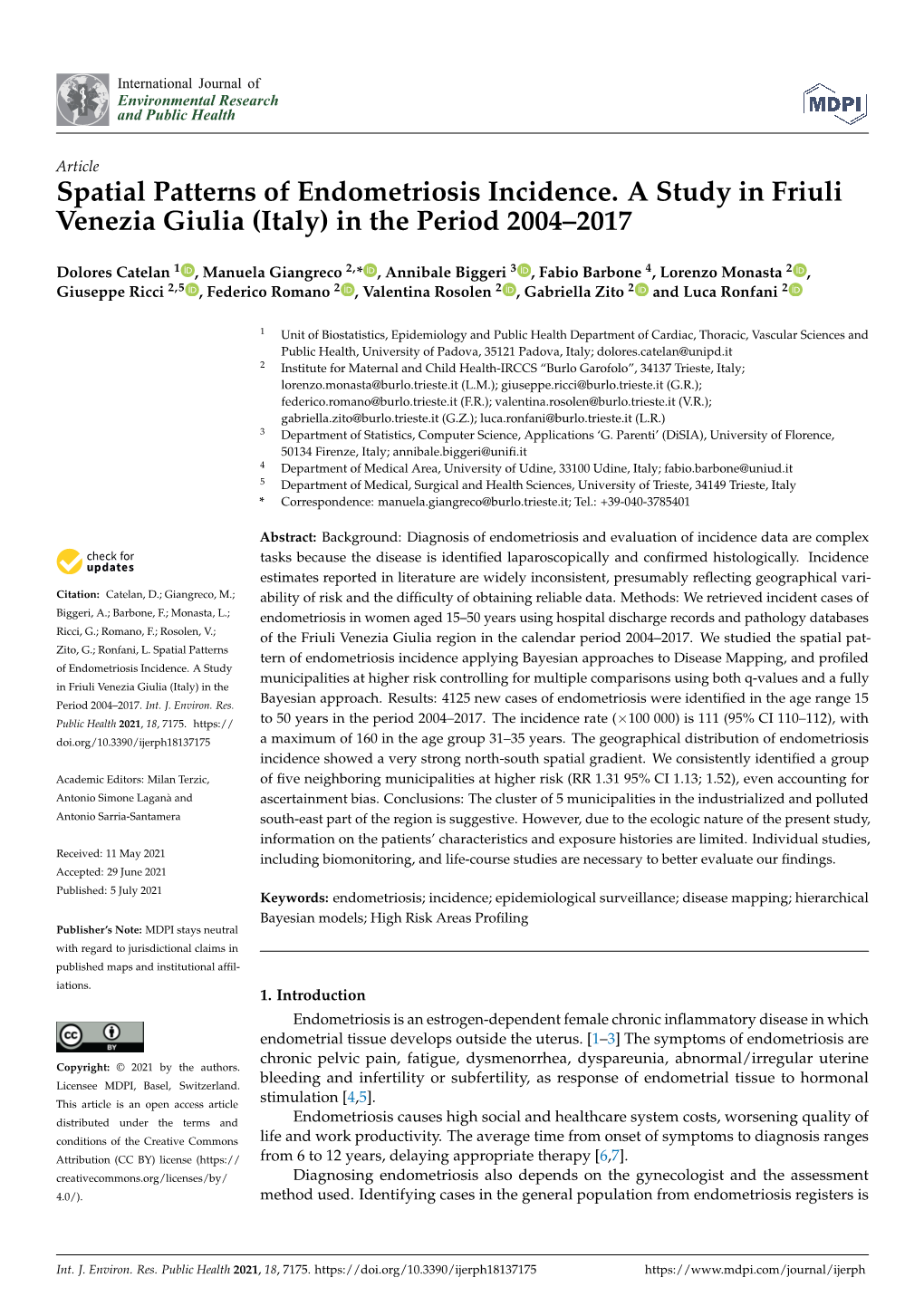 Spatial Patterns of Endometriosis Incidence. a Study in Friuli Venezia Giulia (Italy) in the Period 2004–2017