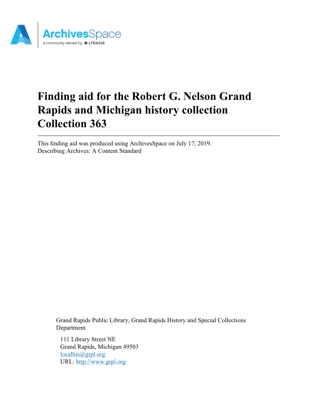 Robert G. Nelson Grand Rapids and Michigan History Collection Collection 363