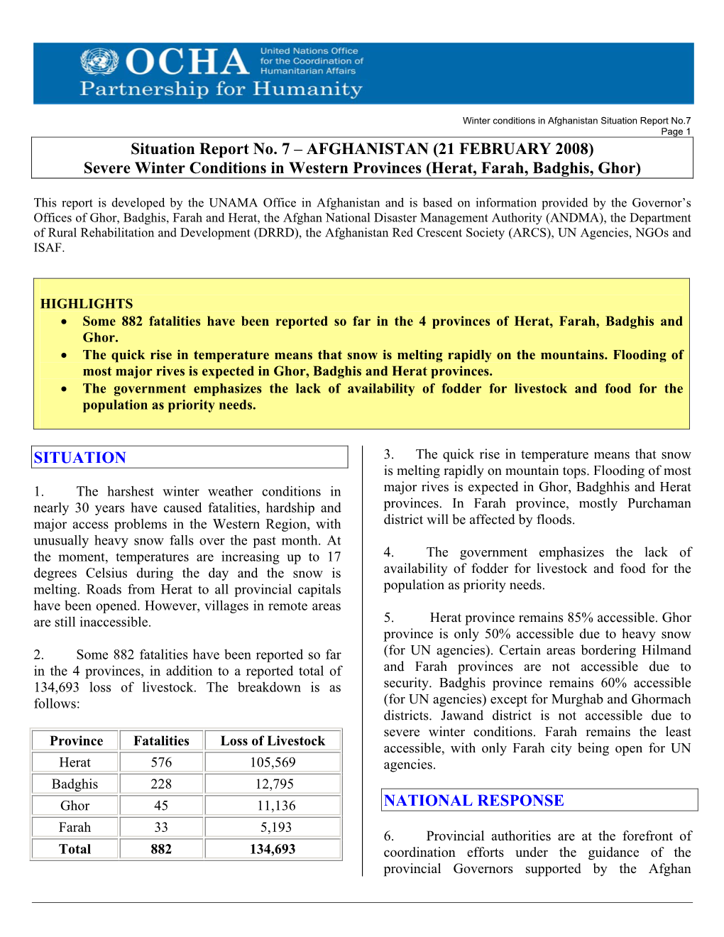 Severe Winter Conditions in Western Provinces (Herat, Farah, Badghis, Ghor)