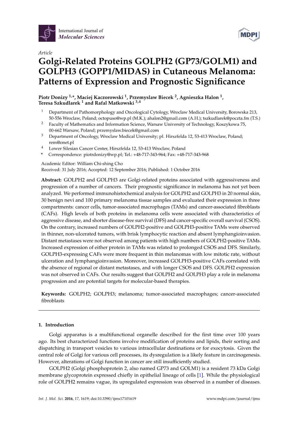 Golgi-Related Proteins GOLPH2 (GP73/GOLM1) and GOLPH3 (GOPP1/MIDAS) in Cutaneous Melanoma: Patterns of Expression and Prognostic Signiﬁcance