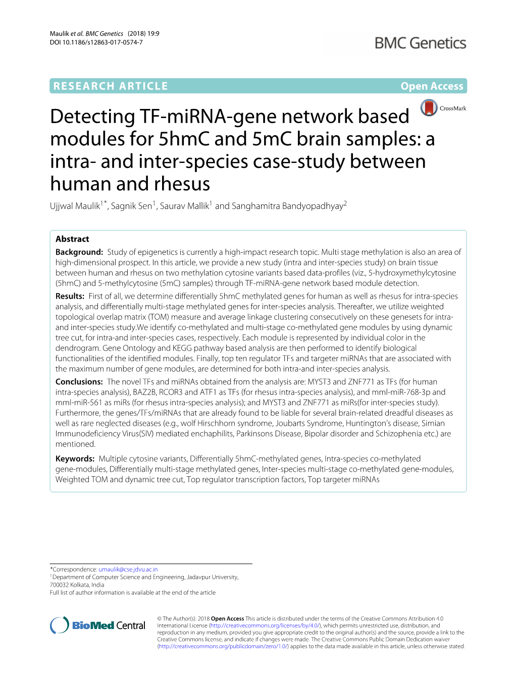 Detecting TF-Mirna-Gene Network Based Modules for 5Hmc and 5Mc Brain Samples: a Intra- and Inter-Species Case-Study Between Huma