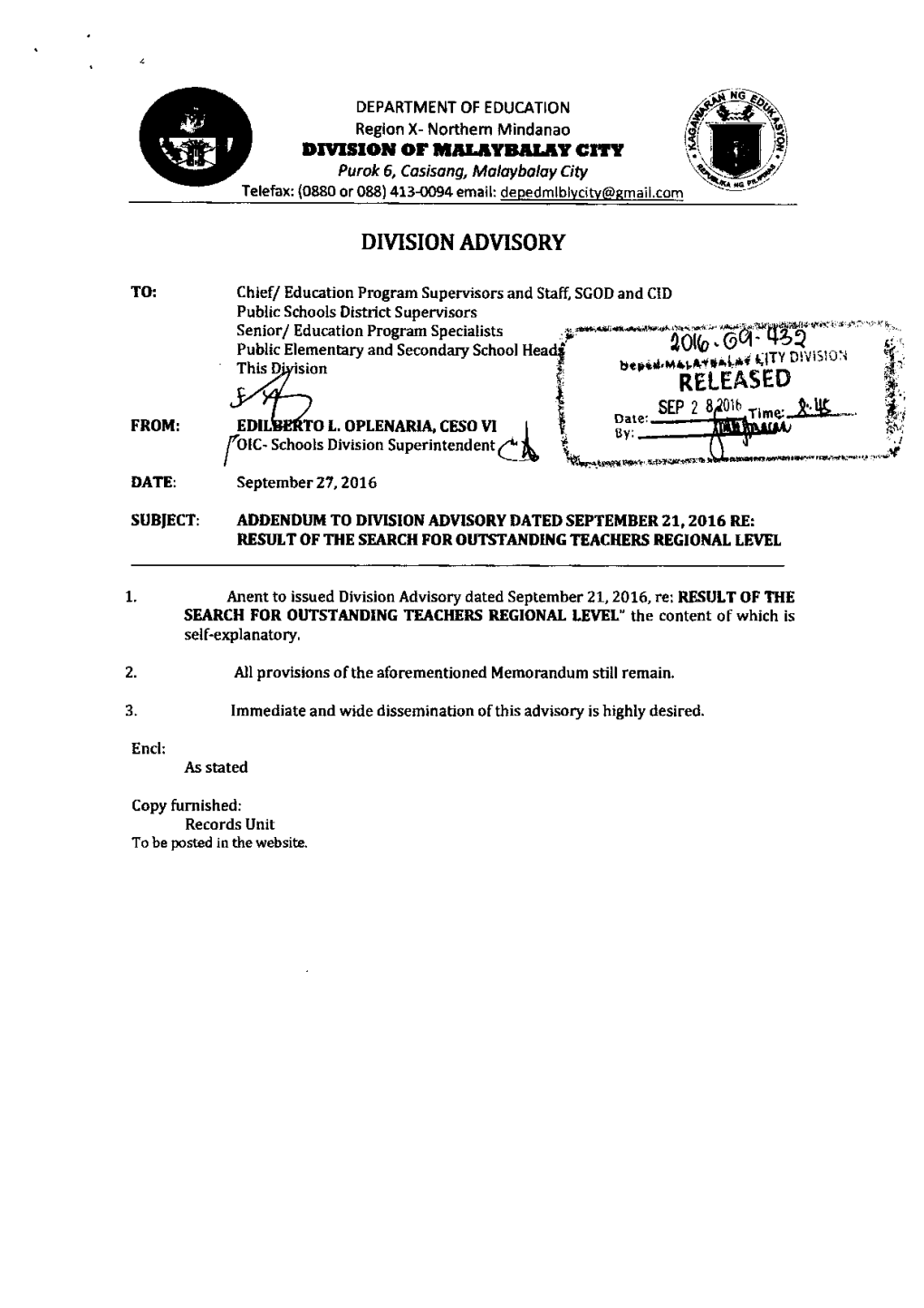 Addendum to Division Advisory Dated September 21, 2016 Re