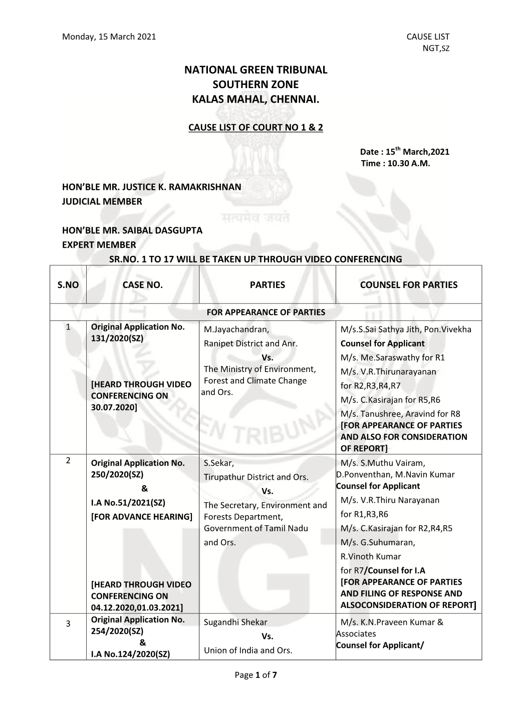 Causelist(SZ-1 & 2)15.03.2021.Pdf