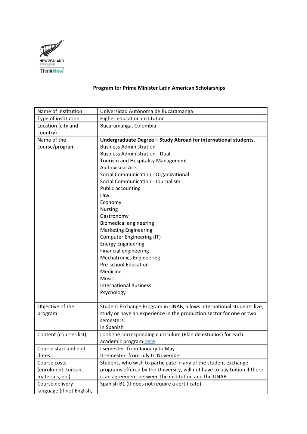 Program for Prime Minister Latin American Scholarships