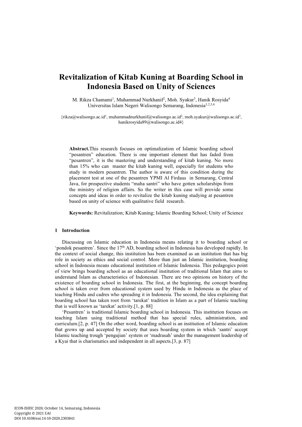 Revitalization of Kitab Kuning at Boarding School in Indonesia Based on Unity of Sciences