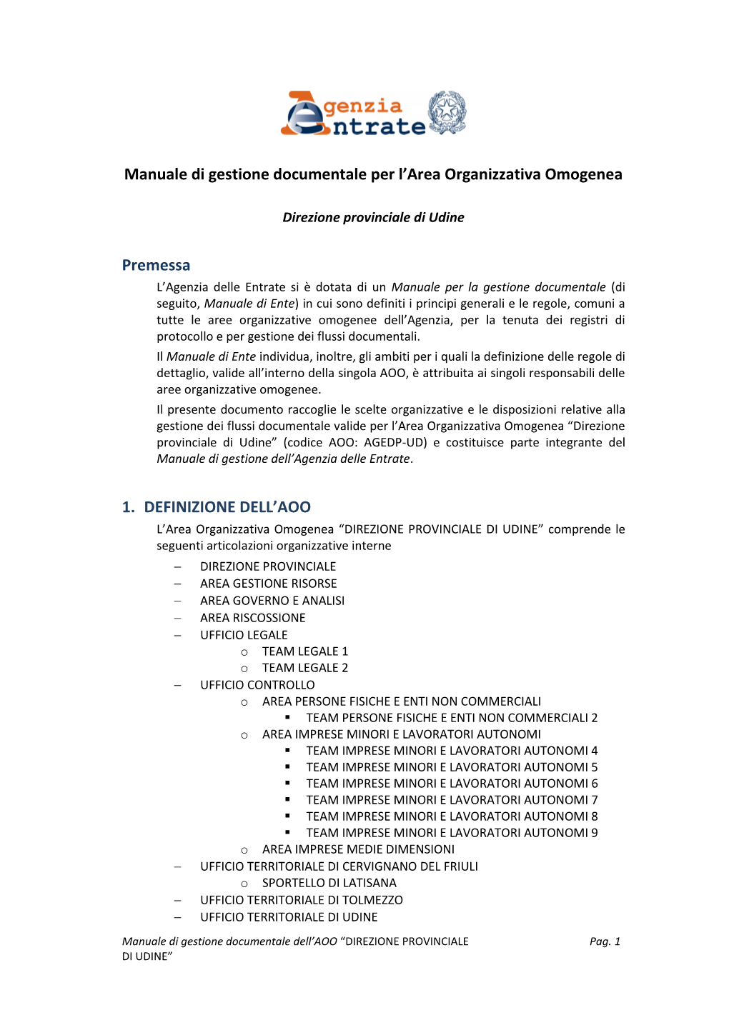 Manuale Di Gestione Documentale Per L'area Organizzativa Omogenea