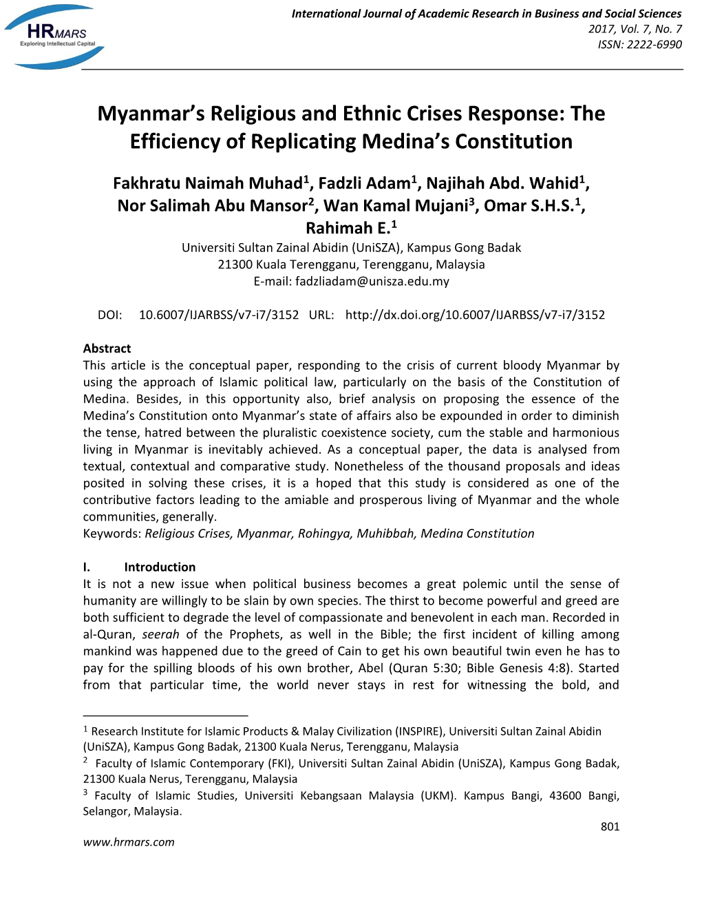 Myanmar's Religious and Ethnic Crises Response: the Efficiency of Replicating Medina's Constitution