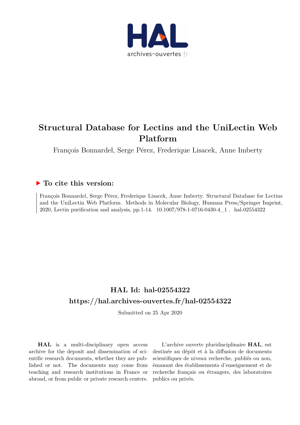 Structural Database for Lectins and the Unilectin Web Platform François Bonnardel, Serge Pérez, Frederique Lisacek, Anne Imberty