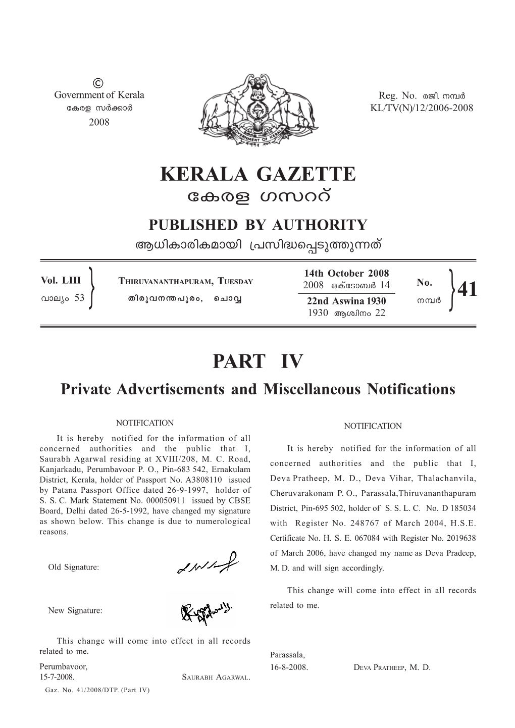 PART IV KERALA GAZETTE Ticf Kkddv