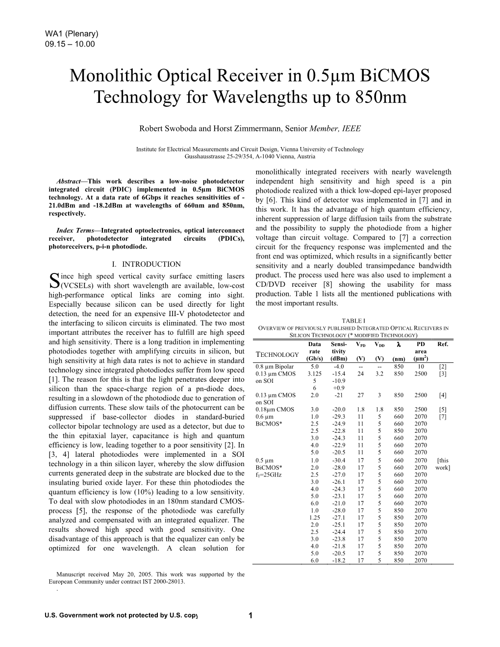 Monolithic Optical Receiver in 0.5Μm Bicmos Technology for Wavelengths up to 850Nm