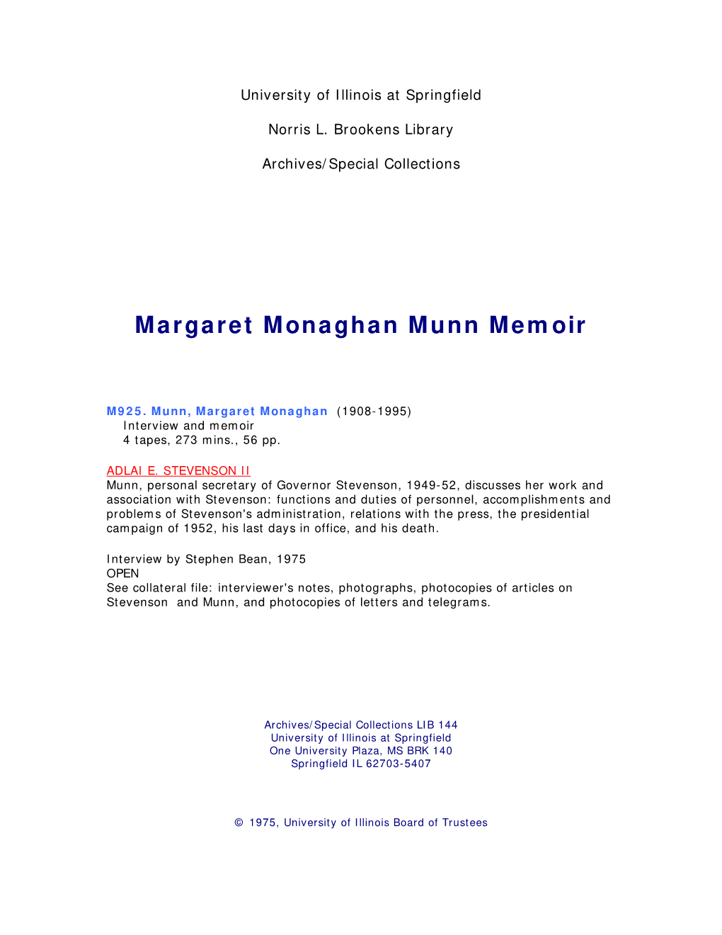 Margaret Monaghan Munn Memoir