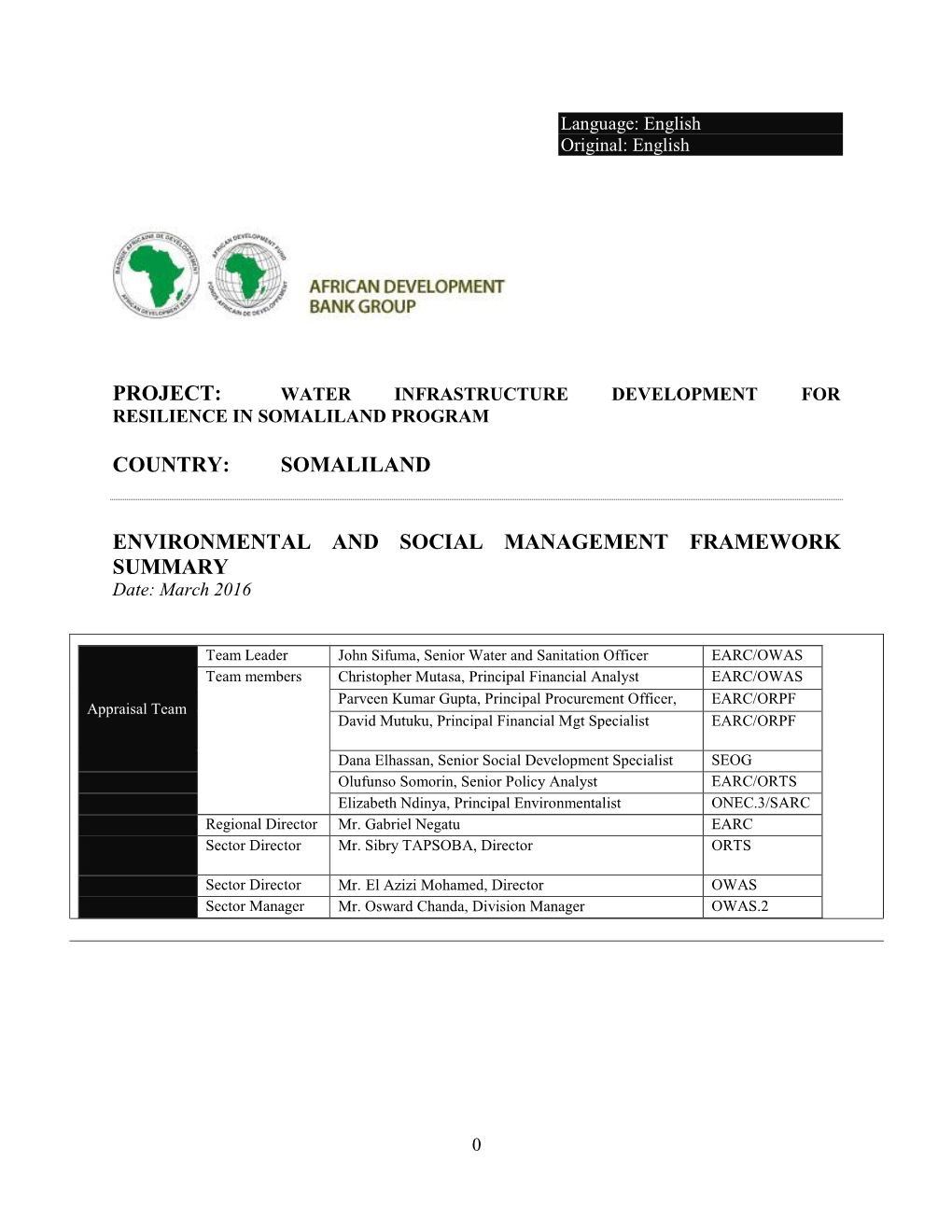 Project: Country: Somaliland Environmental and Social