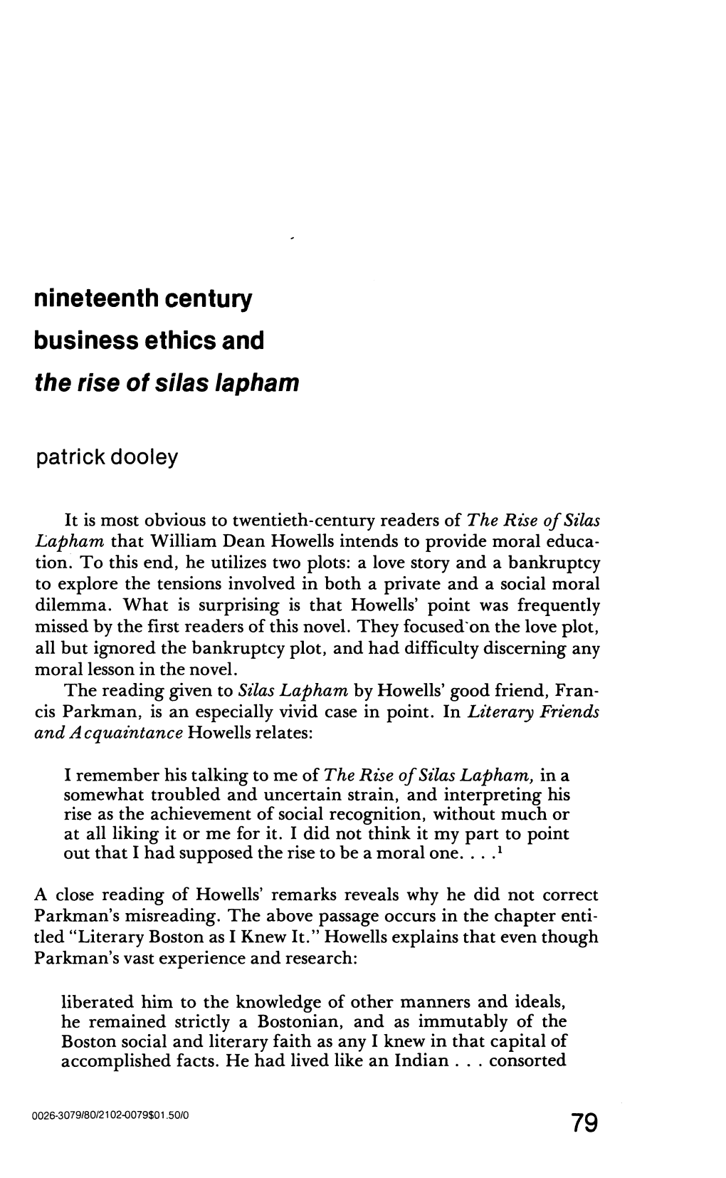 Nineteenth Century Business Ethics and the Rise of Silas Lapham 79