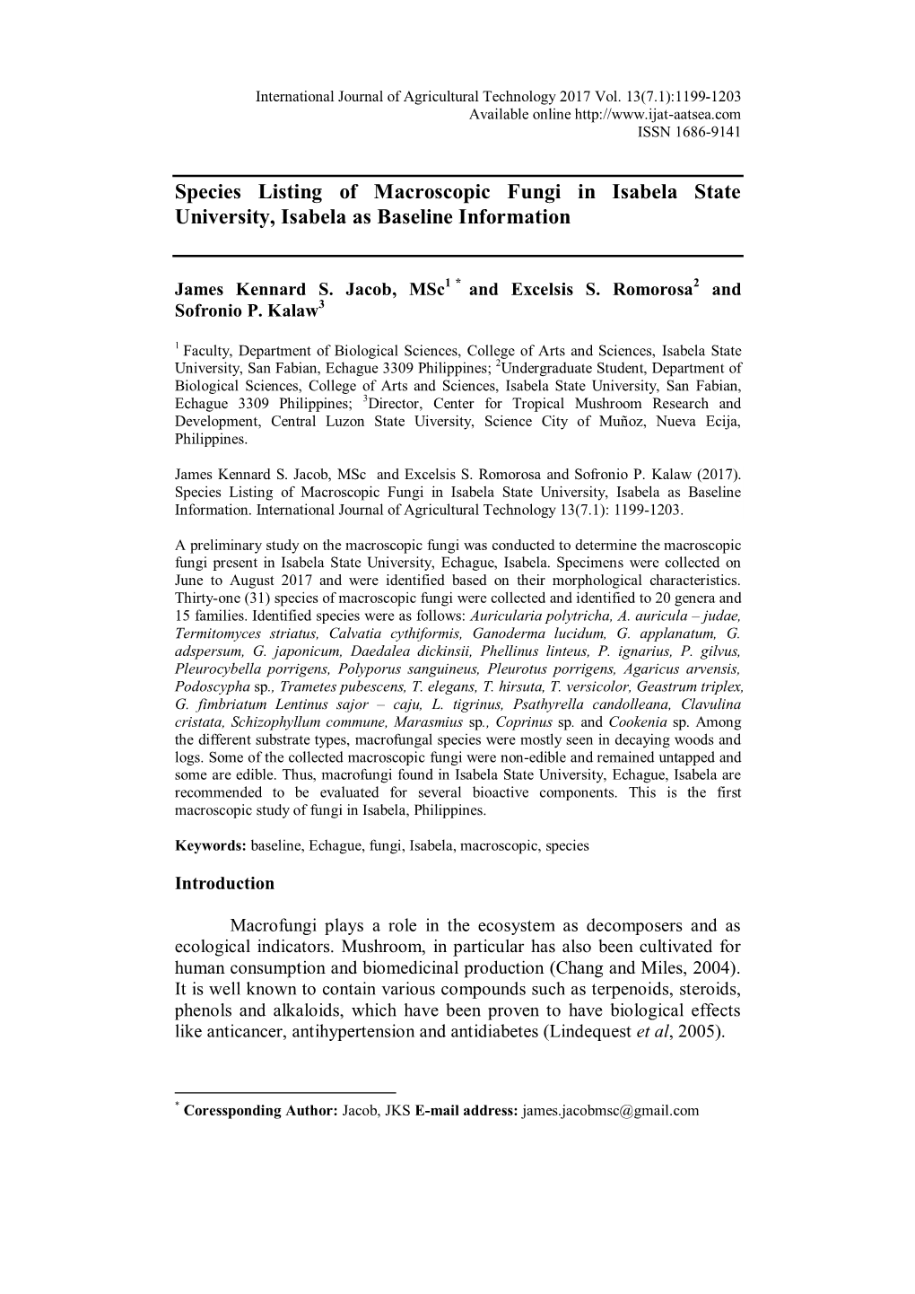 Species Listing of Macroscopic Fungi in Isabela State University, Isabela As Baseline Information