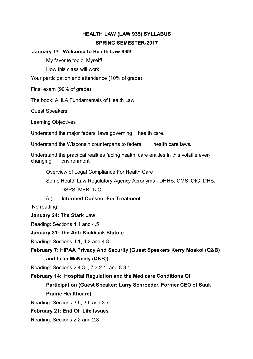 Health Law (Law 935) Syllabus