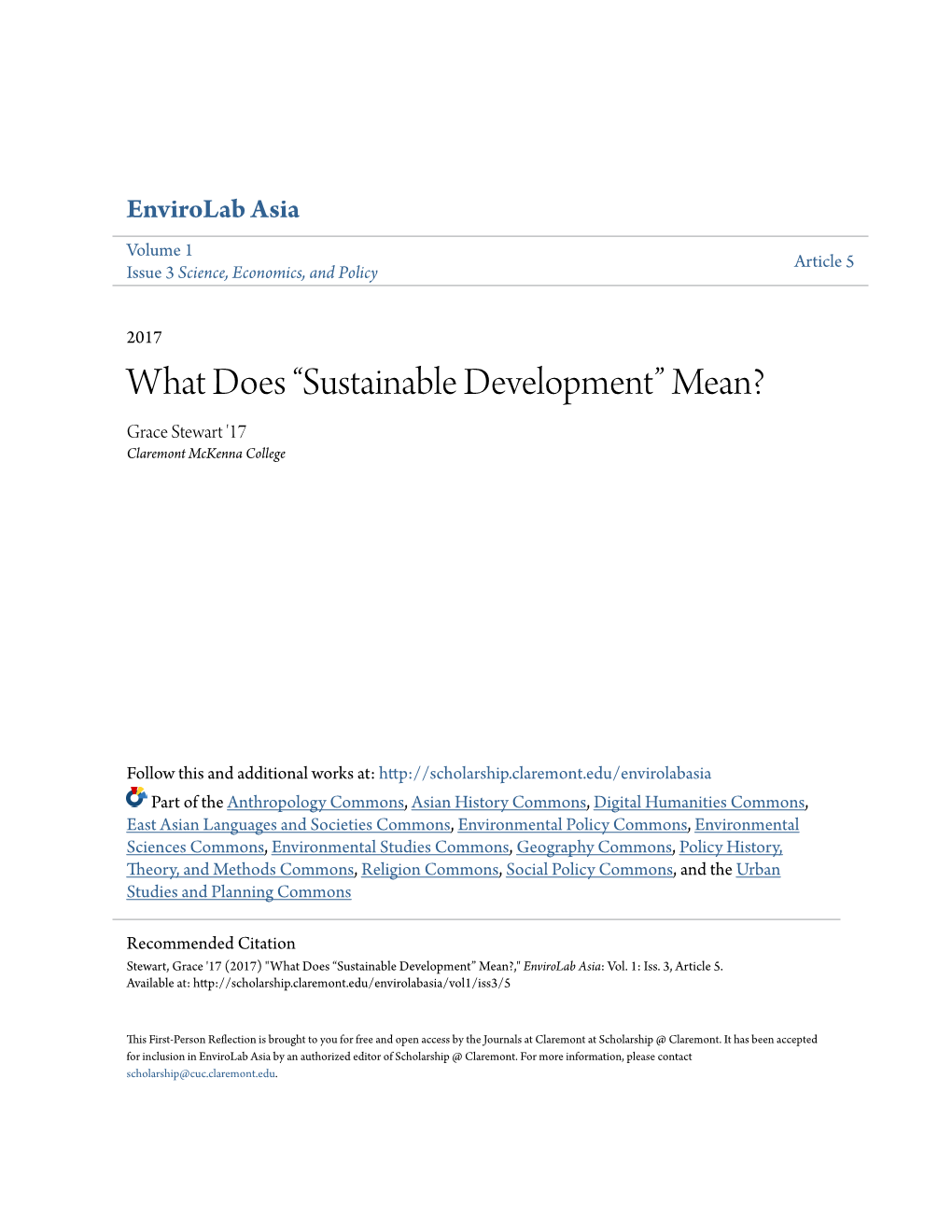 What Does “Sustainable Development” Mean? Grace Stewart '17 Claremont Mckenna College