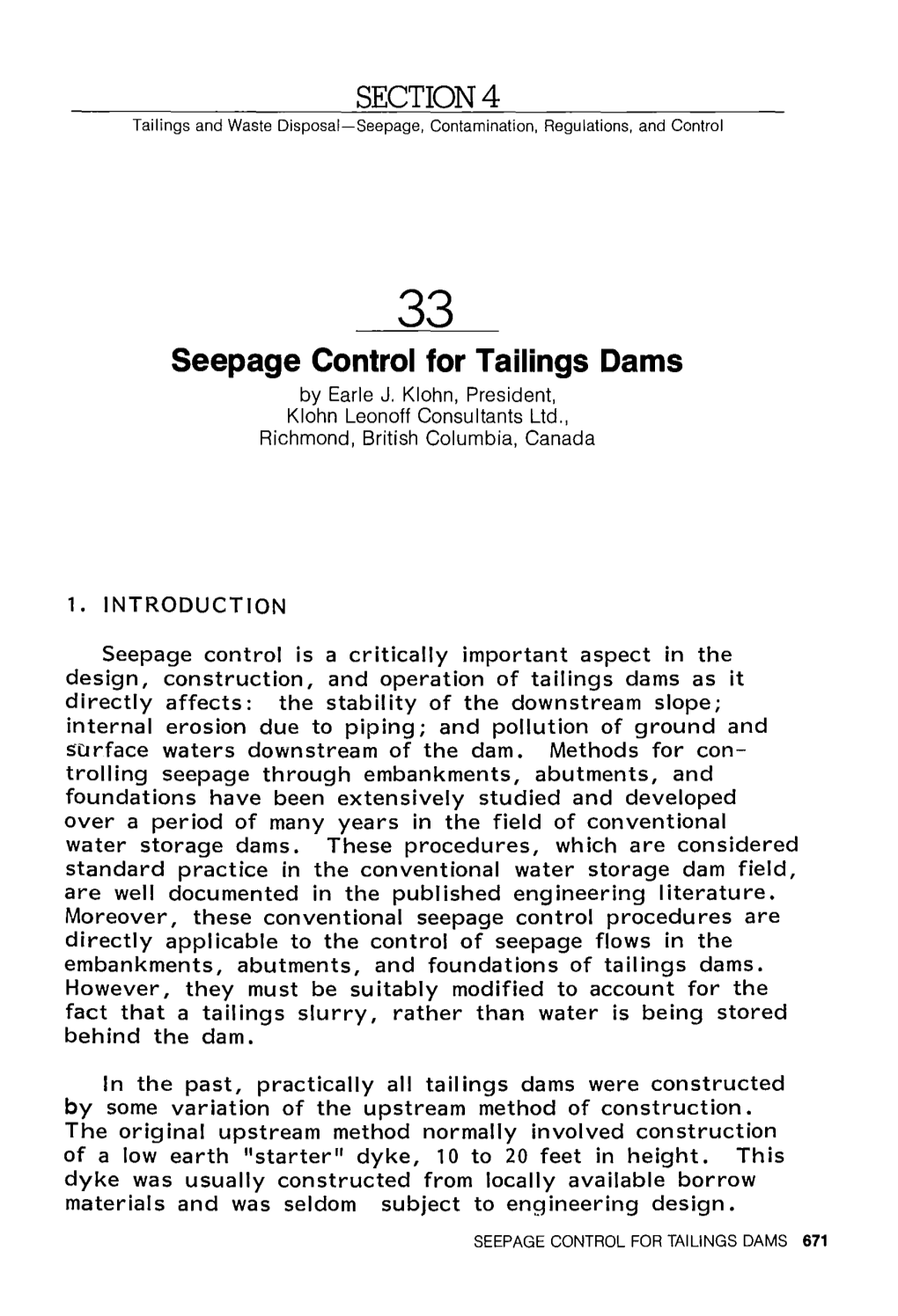Seepage Control for Tailings Dams by Earle J