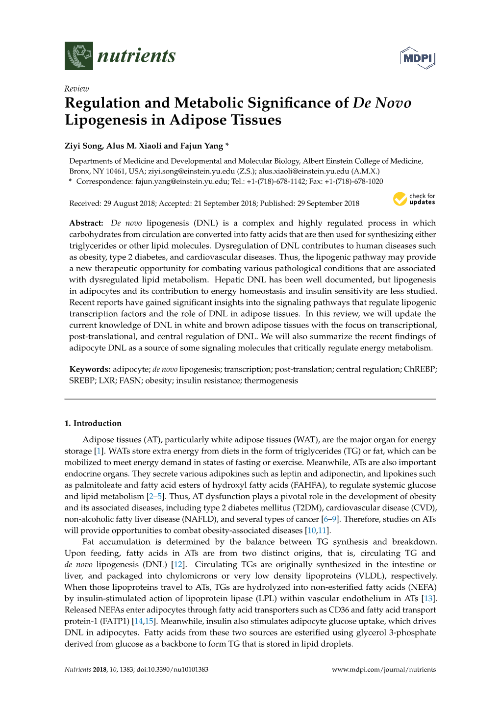 Regulation and Metabolic Significance of De Novo Lipogenesis in Adipose Tissues