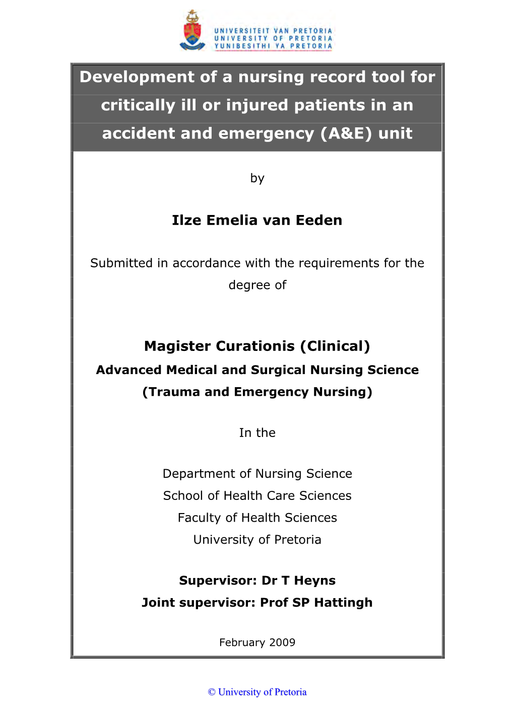 Development of a Nursing Record Tool for Critically Ill Or Injured Patients in an Accident and Emergency (A&E) Unit