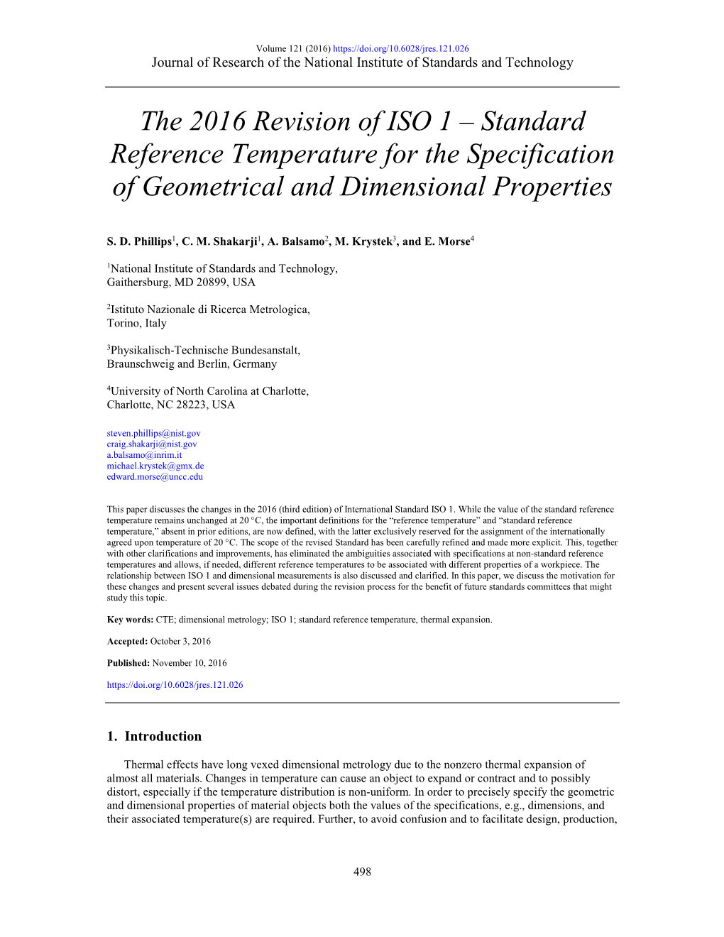 The 2016 Revision of ISO 1 – Standard Reference Temperature for the Specification of Geometrical and Dimensional Properties