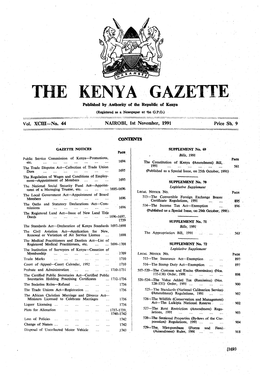 THE KENYA GAZETTE Published by Authority of the Republic of Kenya (Registwed As a Newpaper a U$E G.P.O.)