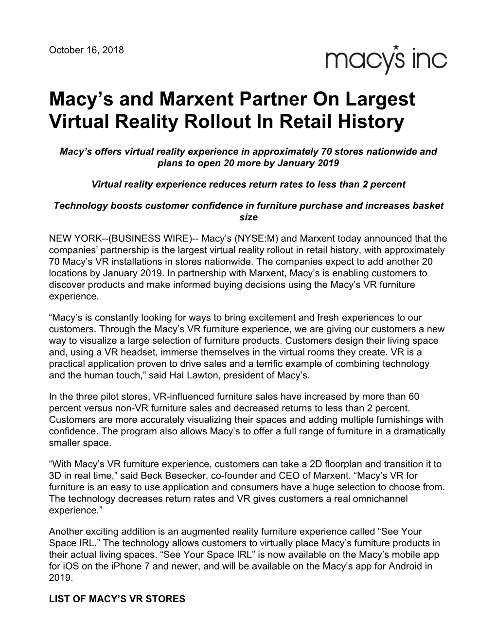 Macy's and Marxent Partner on Largest Virtual Reality Rollout In