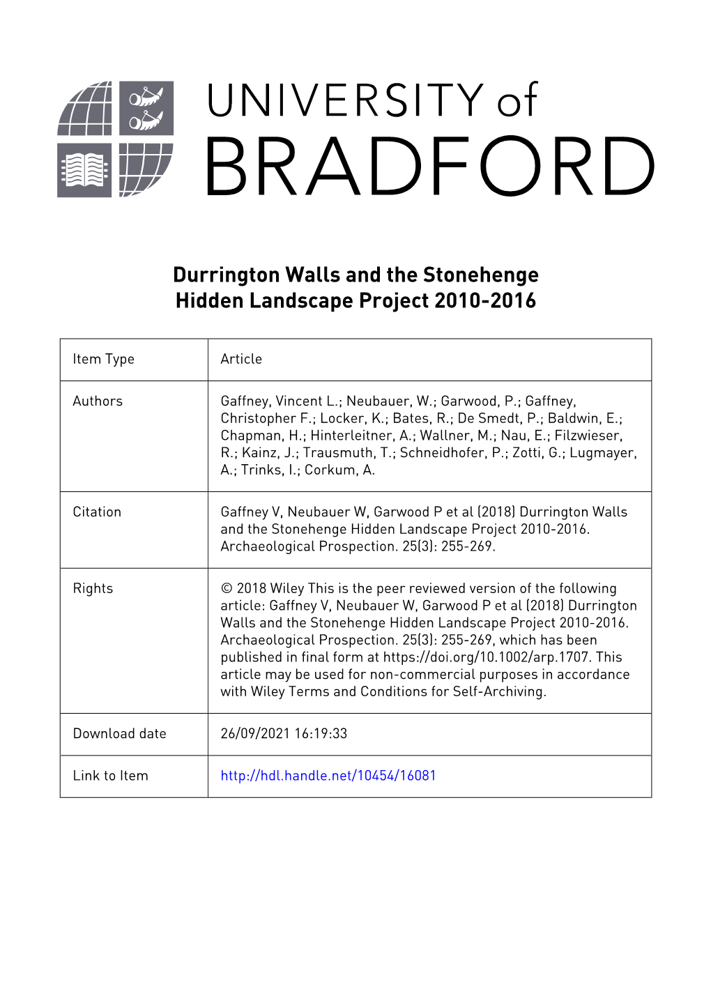 Durrington Walls and the Stonehenge Hidden Landscape Project 2010-2016