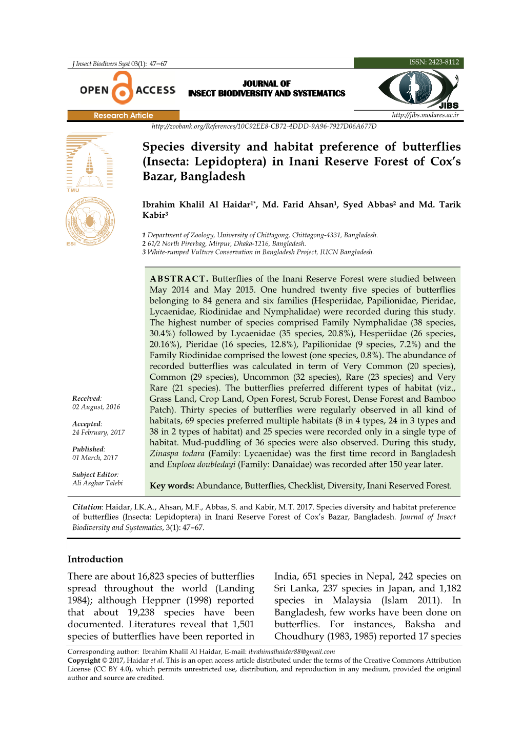 Species Diversity and Habitat Preference of Butterflies (Insecta: Lepidoptera) in Inani Reserve Forest of Cox’S Bazar, Bangladesh