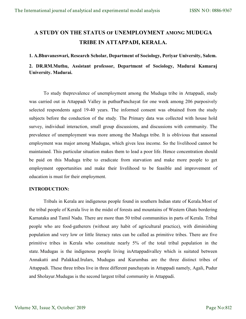 A Study on the Status of Unemployment Among Muduga Tribe in Attappadi, Kerala