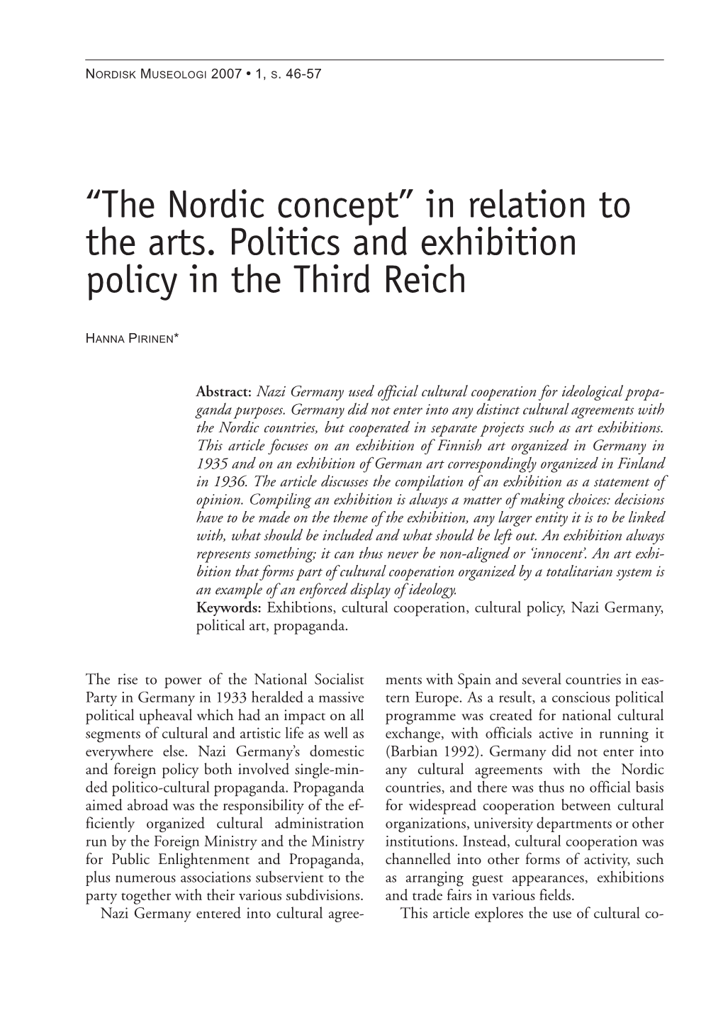 In Relation to the Arts. Politics and Exhibition Policy in the Third Reich