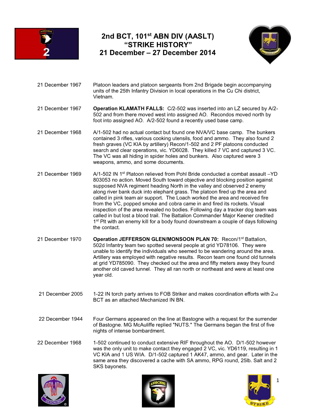 2Nd BCT, 101St ABN DIV (AASLT) “STRIKE HISTORY” 21 December – 27 December 2014