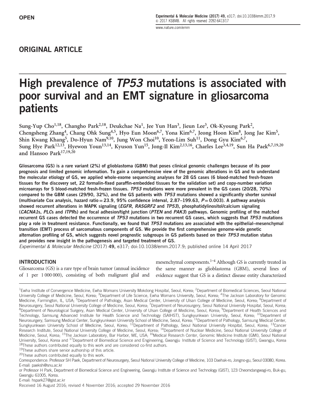 High Prevalence of TP53 Mutations Is Associated with Poor Survival and an EMT Signature in Gliosarcoma Patients