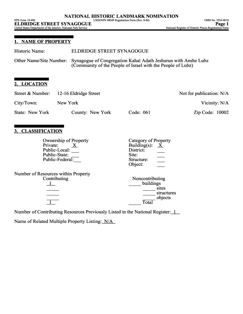 ELDRIDGE STREET SYNAGOGUE Page 1 United States Department of the Interior, National Park Service______National Register of Historic Places Registration Form