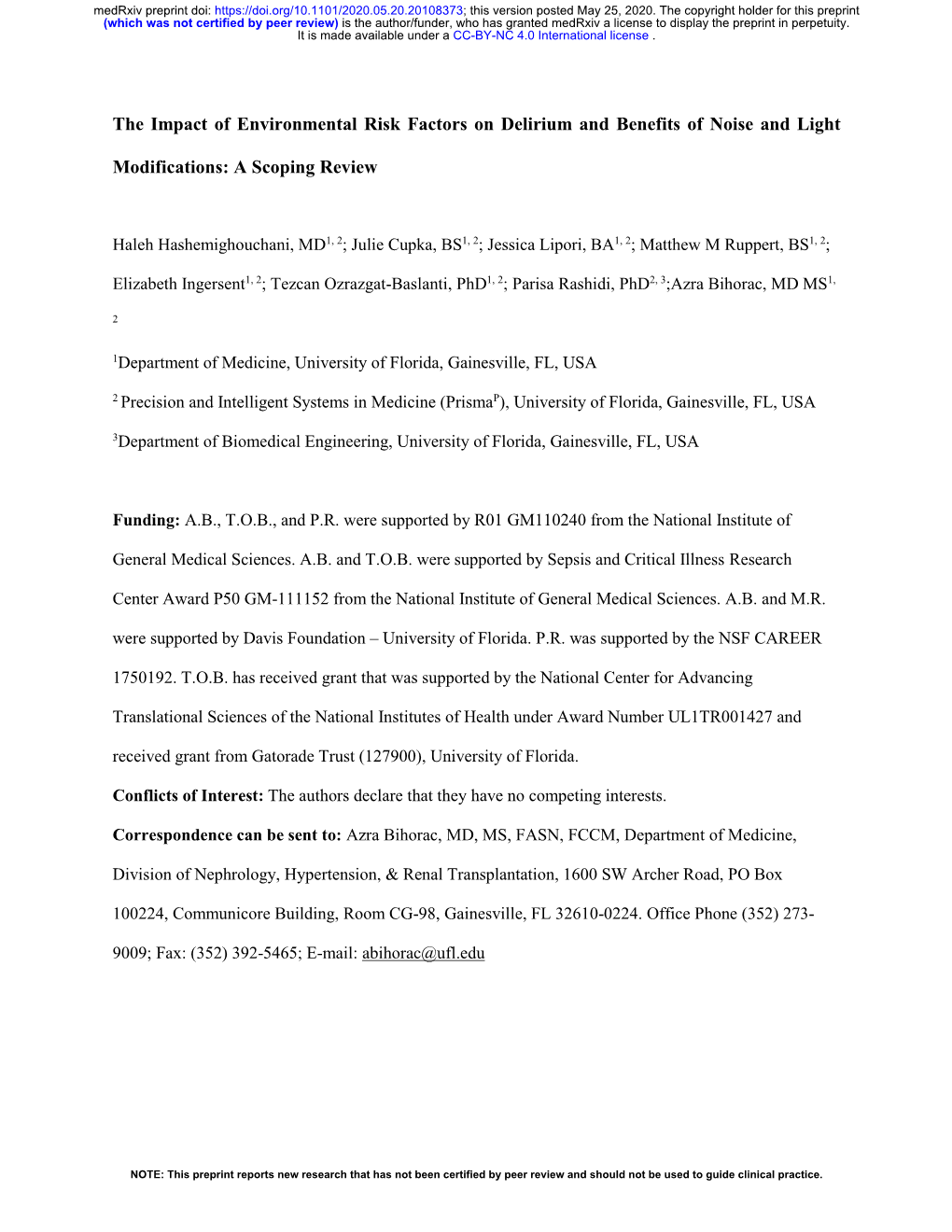 The Impact of Environmental Risk Factors on Delirium and Benefits of Noise and Light Modifications