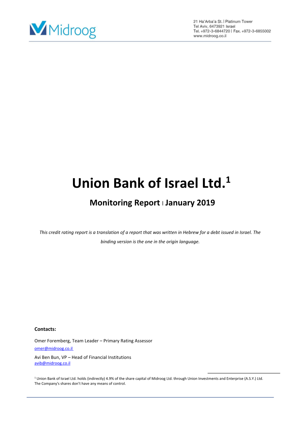 Union Bank of Israel Ltd.1 January 2019 ו Monitoring Report