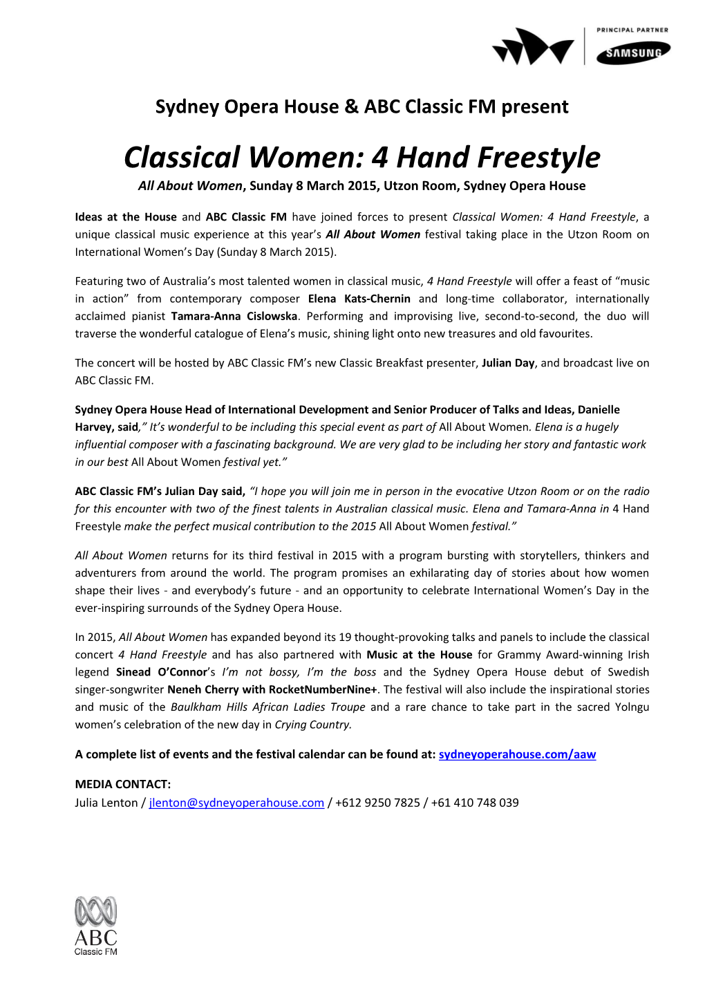 Classical Women: 4 Hand Freestyle All About Women, Sunday 8 March 2015, Utzon Room, Sydney Opera House