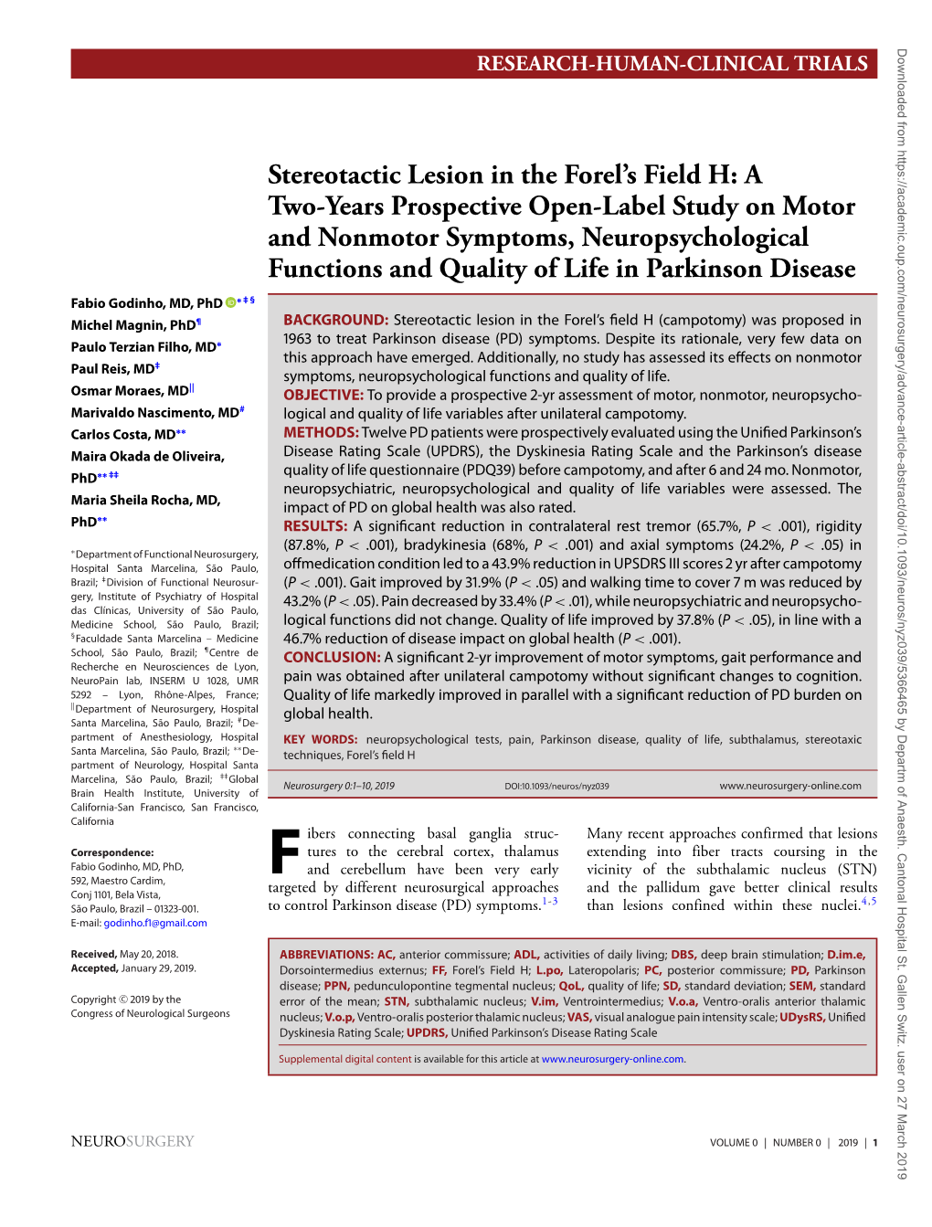 Stereotactic Lesion in the Forel's Field H