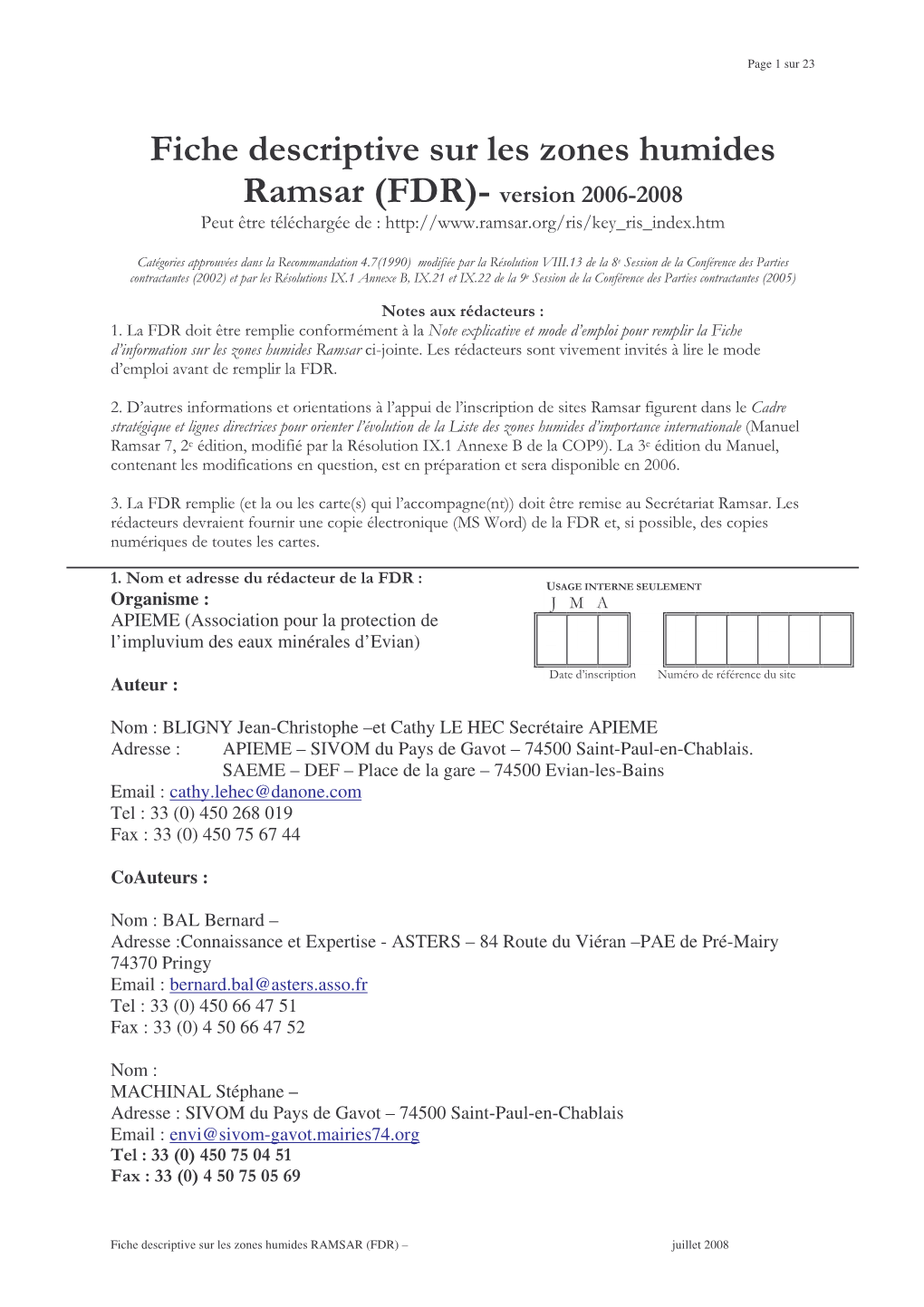 Fiche Descriptive Sur Les Zones Humides Ramsar (FDR)- Version 2006-2008 Peut Être Téléchargée De