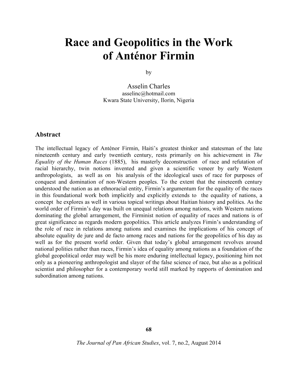 Race and Geopolitics in the Work of Anténor Firmin