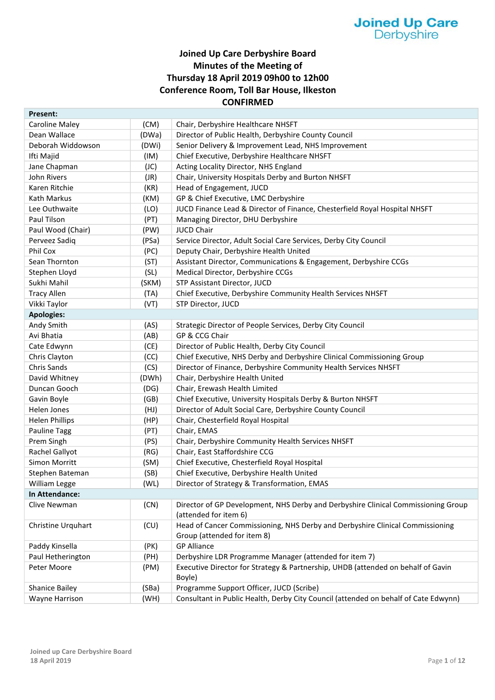Minutes from April Meeting of Joined up Care Derbyshire JUCD Board