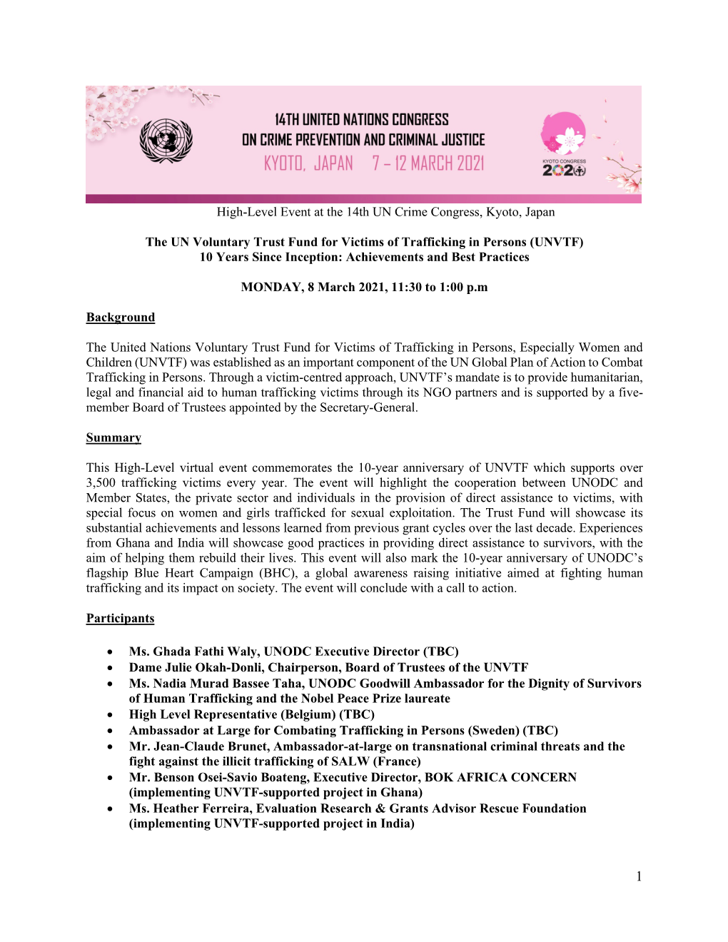 High-Level Event at the 14Th UN Crime Congress, Kyoto, Japan the UN Voluntary Trust Fund for Victims of Trafficking in Persons