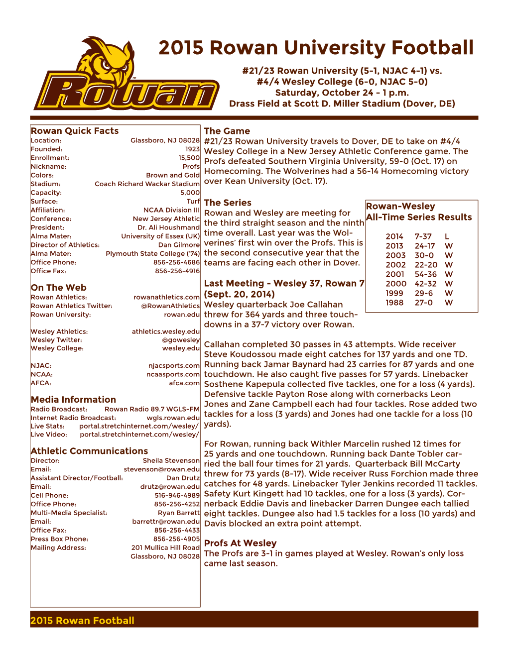 2015 Rowan University Football #21/23 Rowan University (5-1, NJAC 4-1) Vs