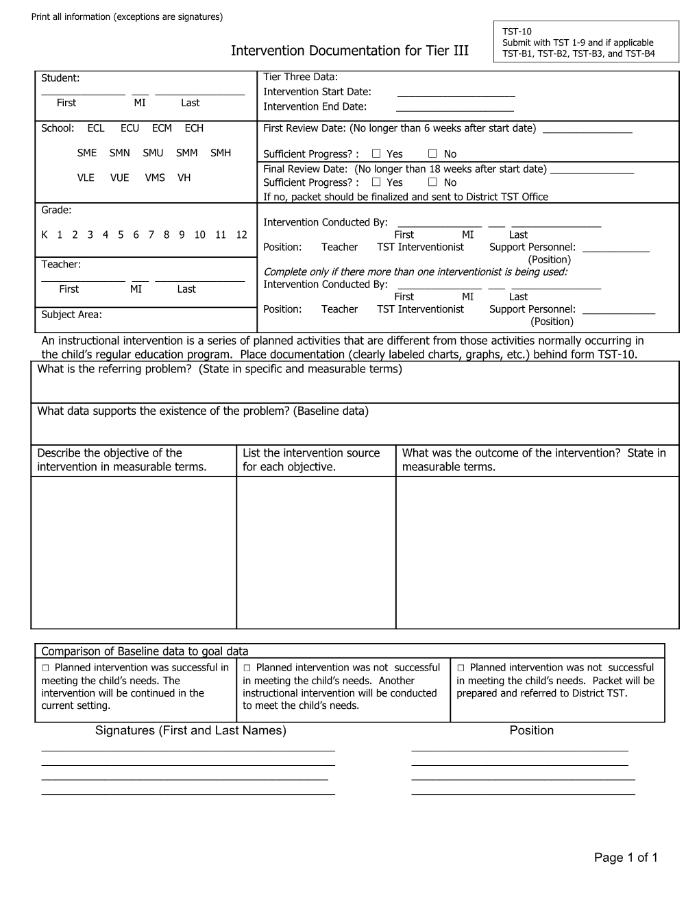 Instructional Intervention Documentation Sheet for Tier Three