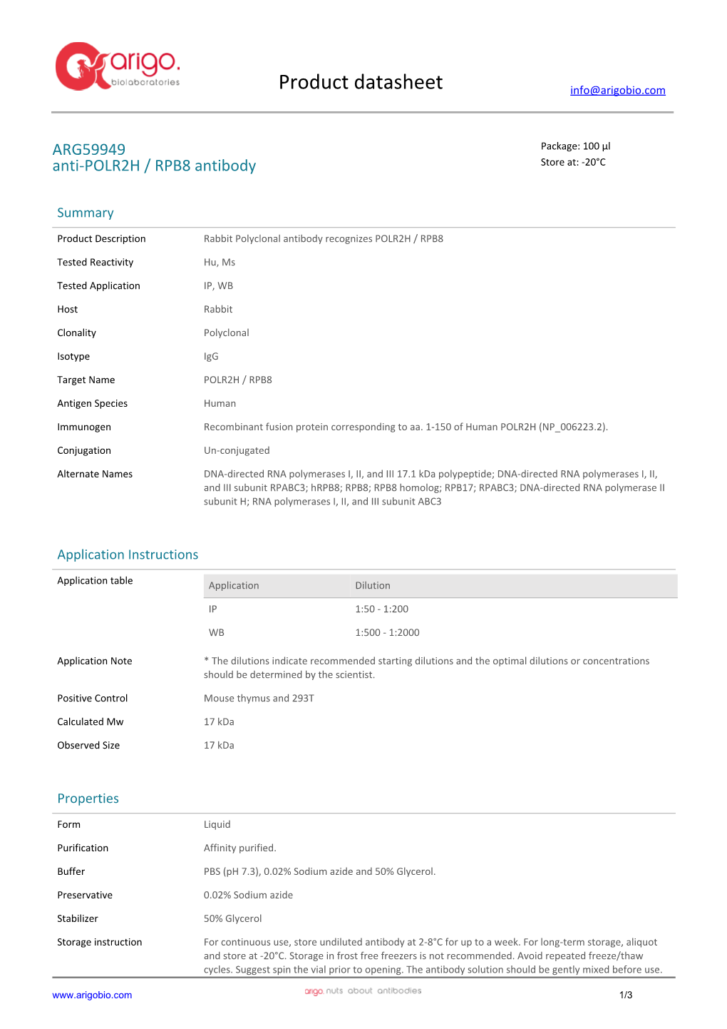 Anti-POLR2H / RPB8 Antibody (ARG59949)