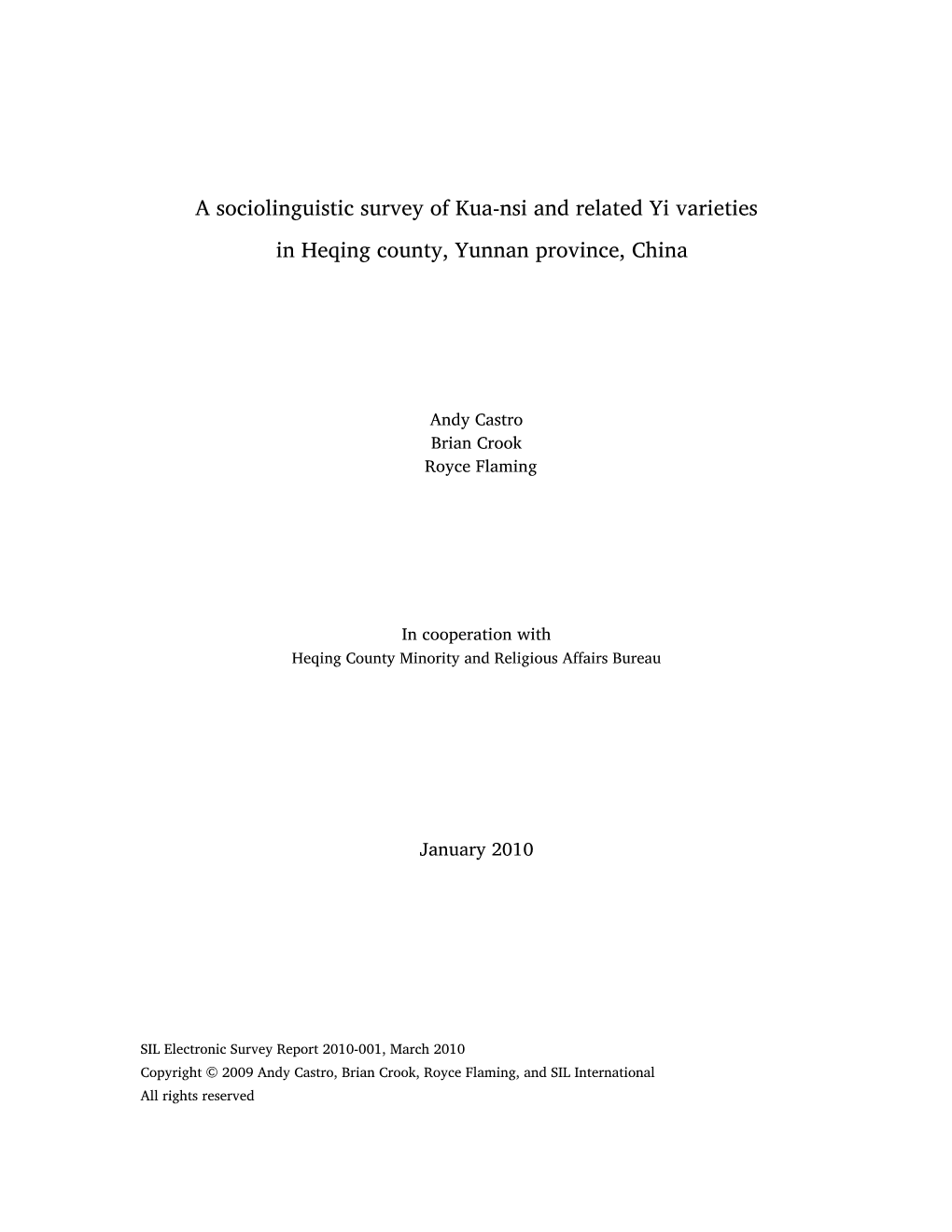 A Sociolinguistic Survey of Kua-Nsi and Related Yi Varieties in Heqing County, Yunnan Province, China