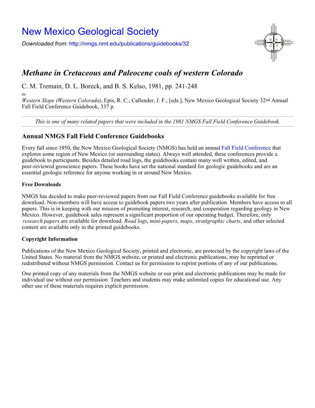 Methane in Cretaceous and Paleocene Coals of Western Colorado C