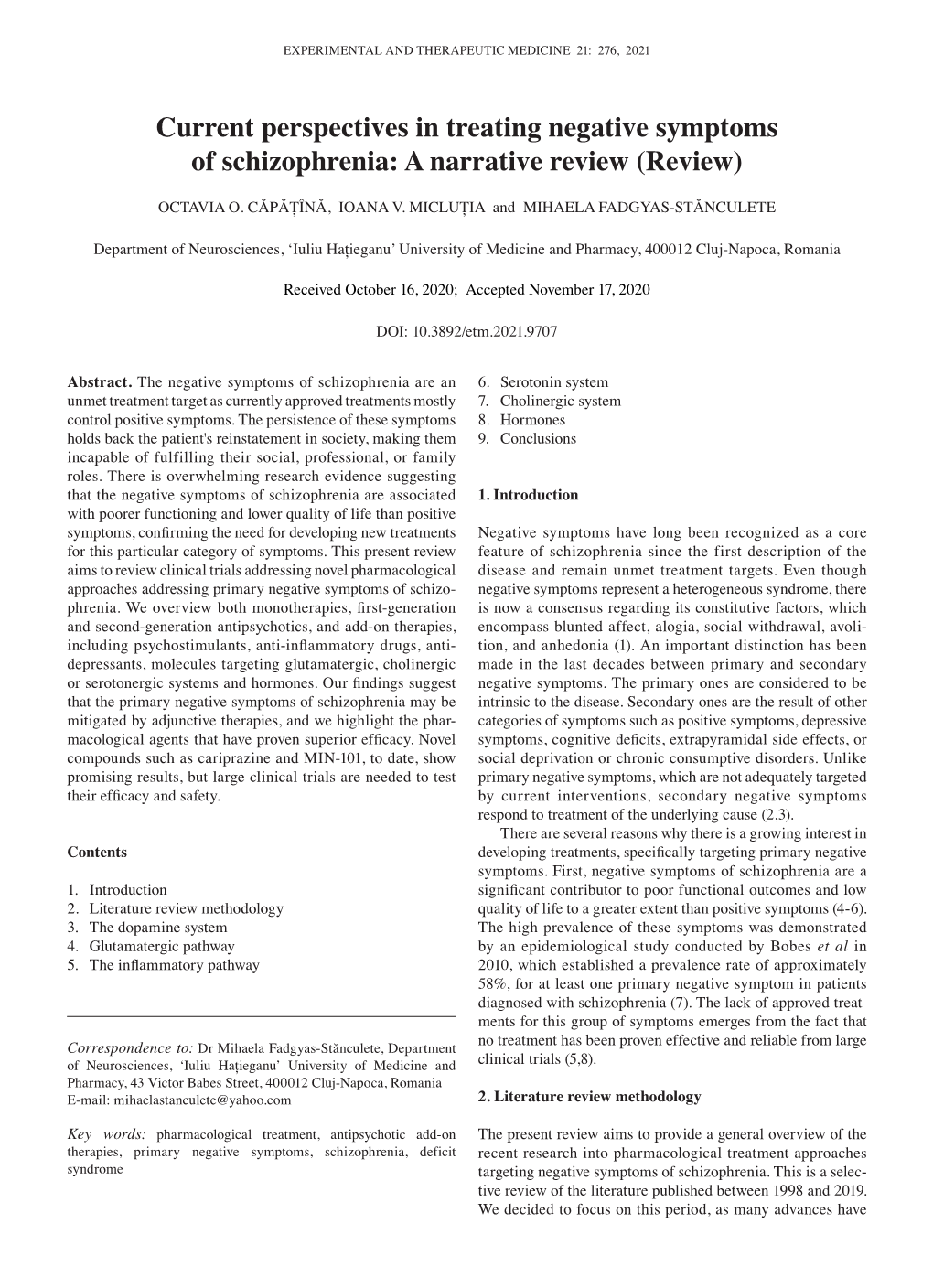 Current Perspectives in Treating Negative Symptoms of Schizophrenia: a Narrative Review (Review)