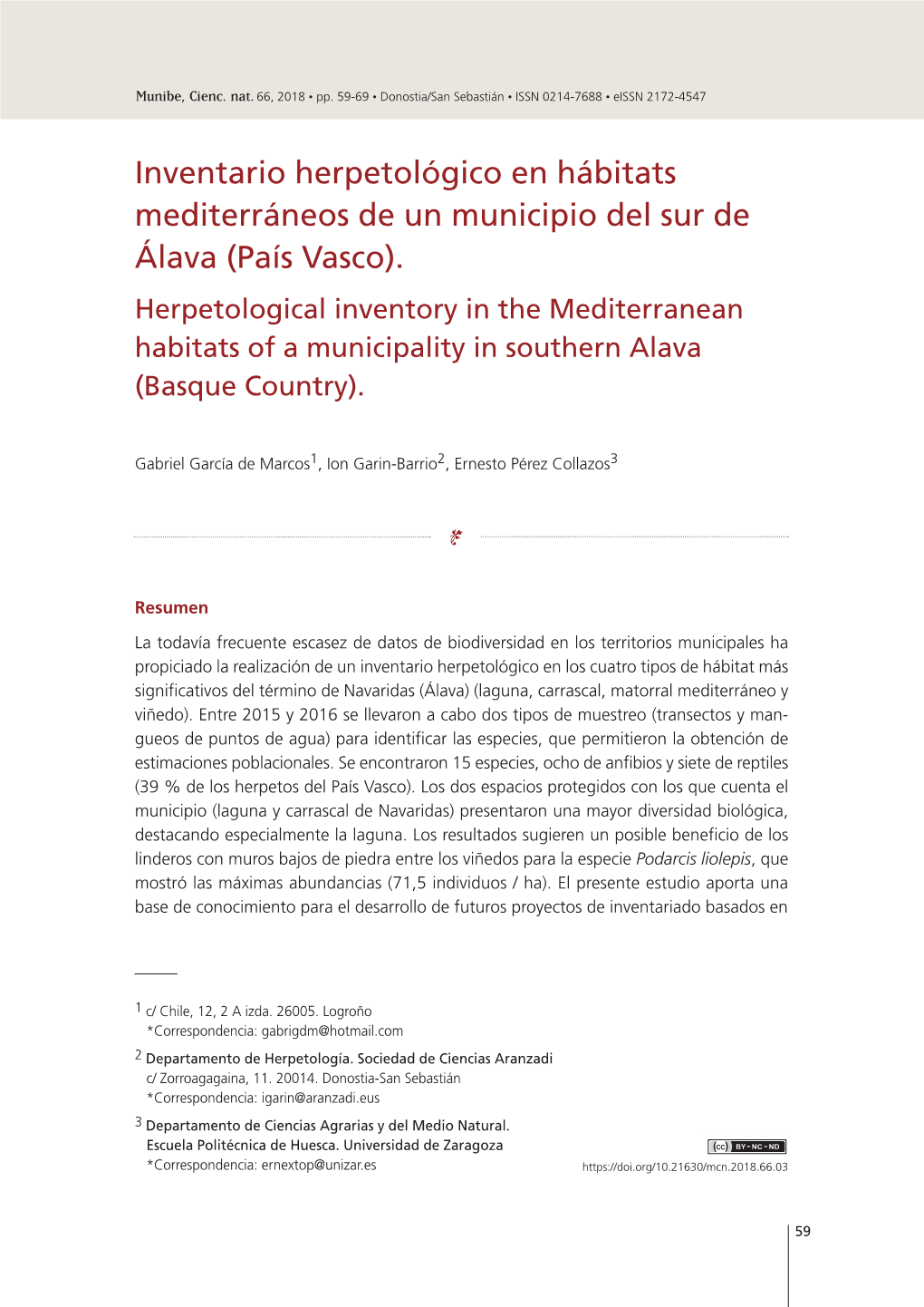Inventario Herpetológico En Hábitats Mediterráneos De Un Municipio Del Sur De Álava (País Vasco)