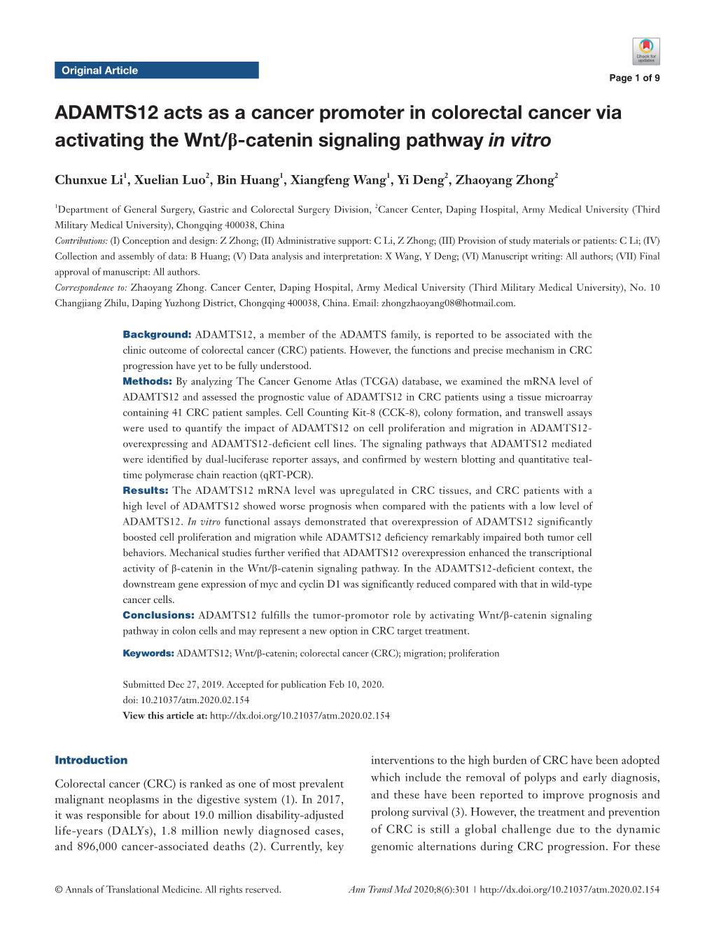 ADAMTS12 Acts As a Cancer Promoter in Colorectal Cancer Via Activating the Wnt/Β-Catenin Signaling Pathway in Vitro