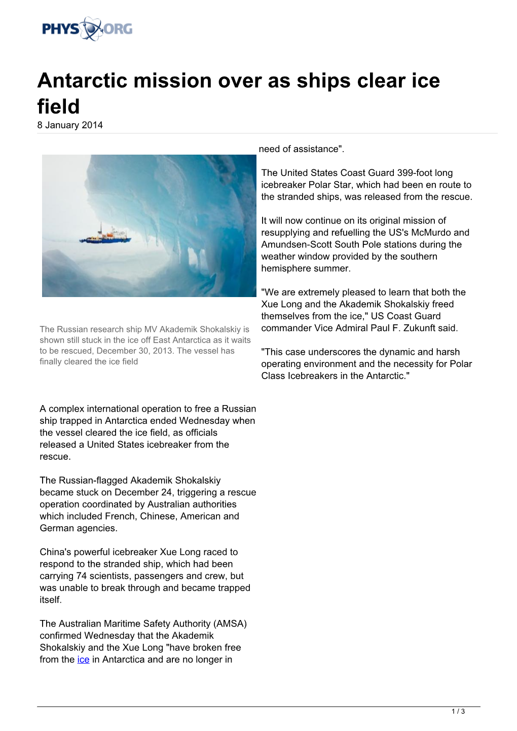 Antarctic Mission Over As Ships Clear Ice Field 8 January 2014